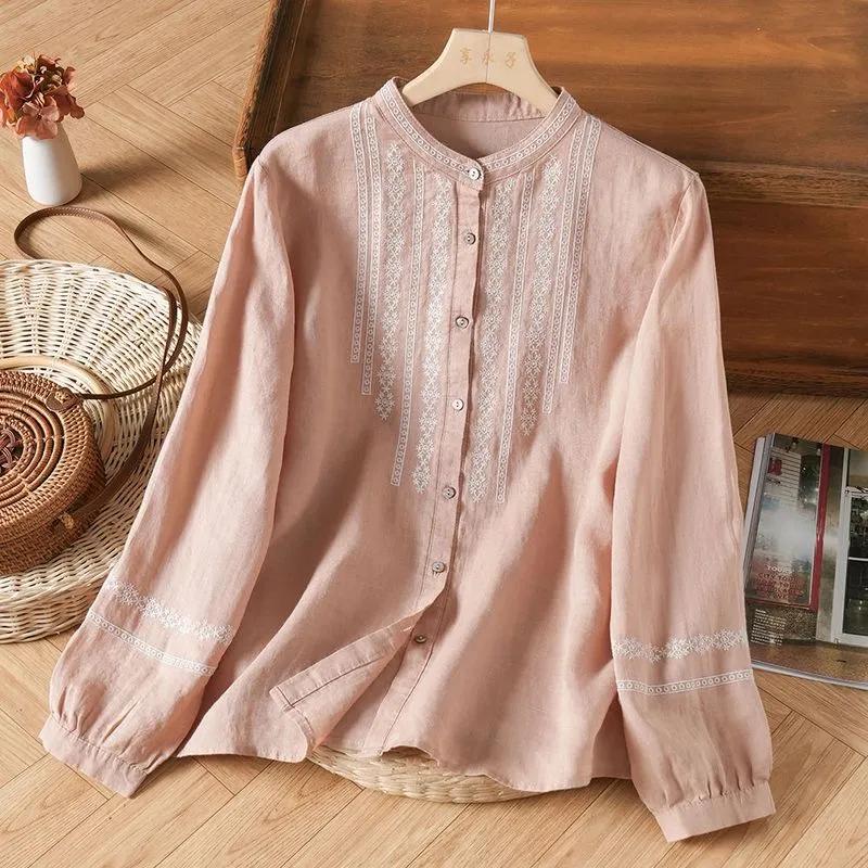 Women's Retro Embroidered Stand Collar Loose Long Sleeve Shirt Ladies Spring and Autumn Causal Elegant Top