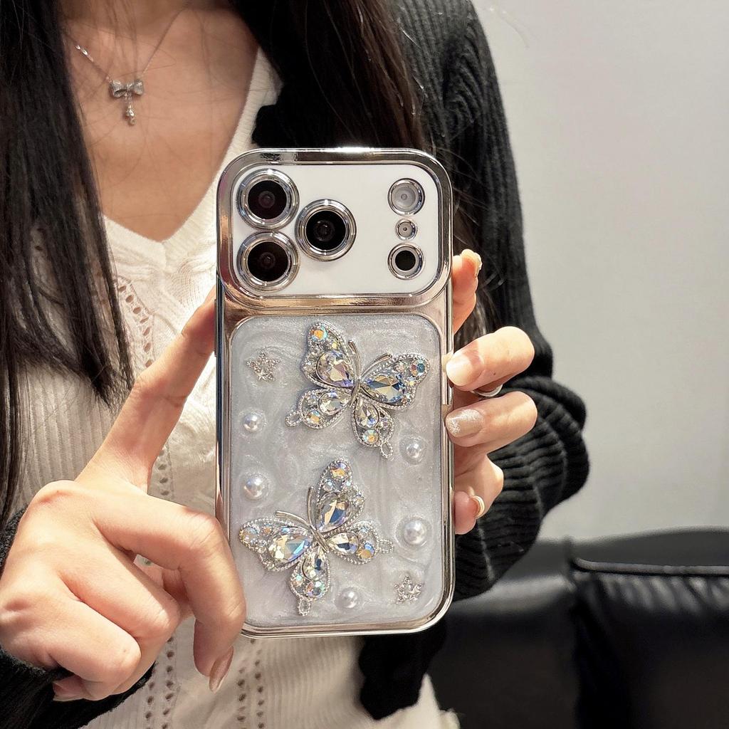 3D Pearl Butterfly Epoxy Electroplated Full Coverage Protective Case for Apple 17 Pro Max