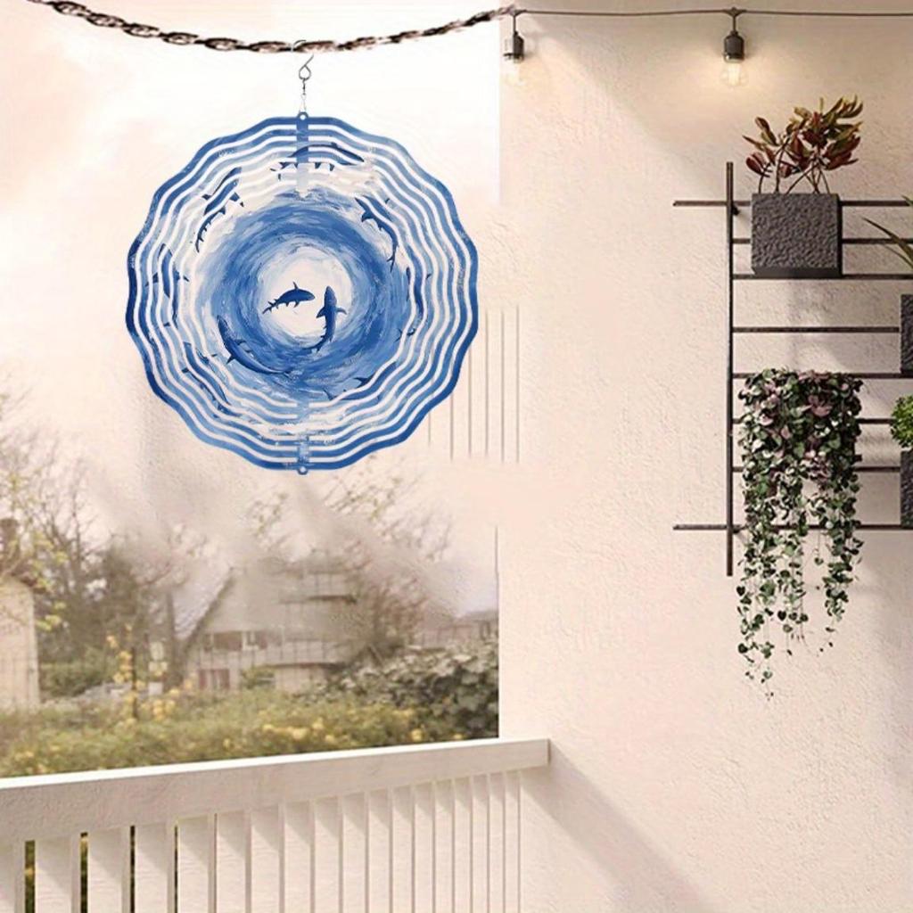 1pc Metal Ocean-Themed Wind Chime with 360° Rotating Shark & Wave Design, Artistic Garden Decor for Patio, Balcony
