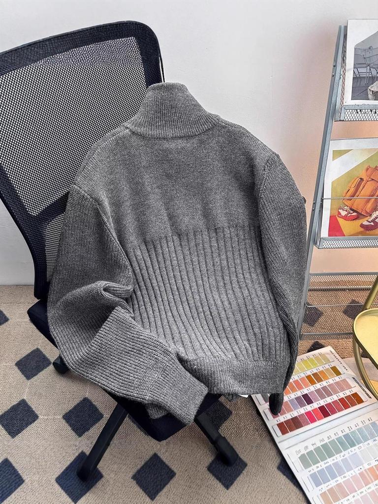 Men's Thick Knit Zipper Sweater - Solid Color, Half-High Collar, Autumn/Winter Pullover, Loose Fit Floral Thread Design