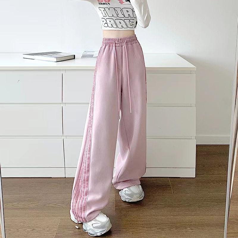 American Style Pink Striped Sports Women Spring Autumn Casual Thicken Sweatpants Loose Straight Elastic Waist Wide Leg Trousers