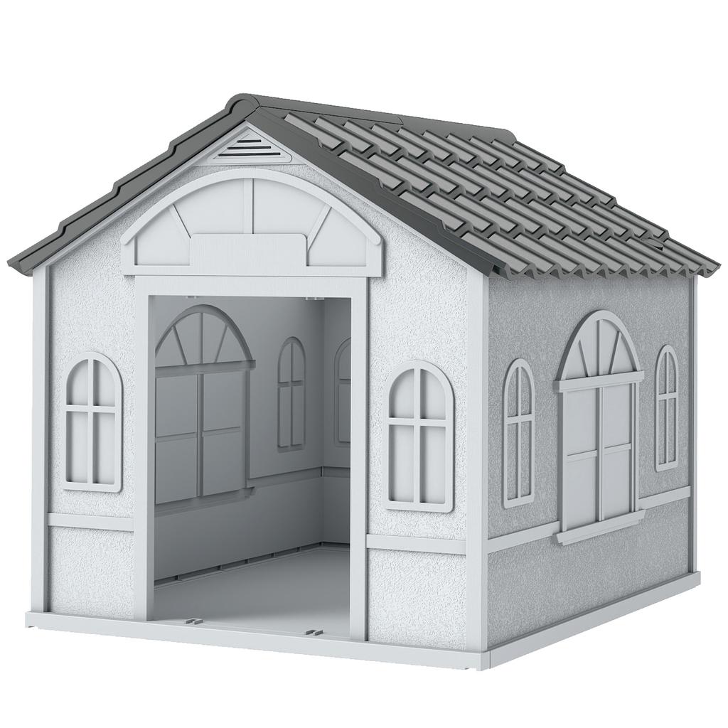 Waterproof PP Dog House with Sloped Roof and Entrance Door, 65x75.7x63 cm, Grey