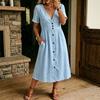 Abito midi da donna in lino con scollo a V e bottoni, casual estivo, manica corta, lungo, con tasche