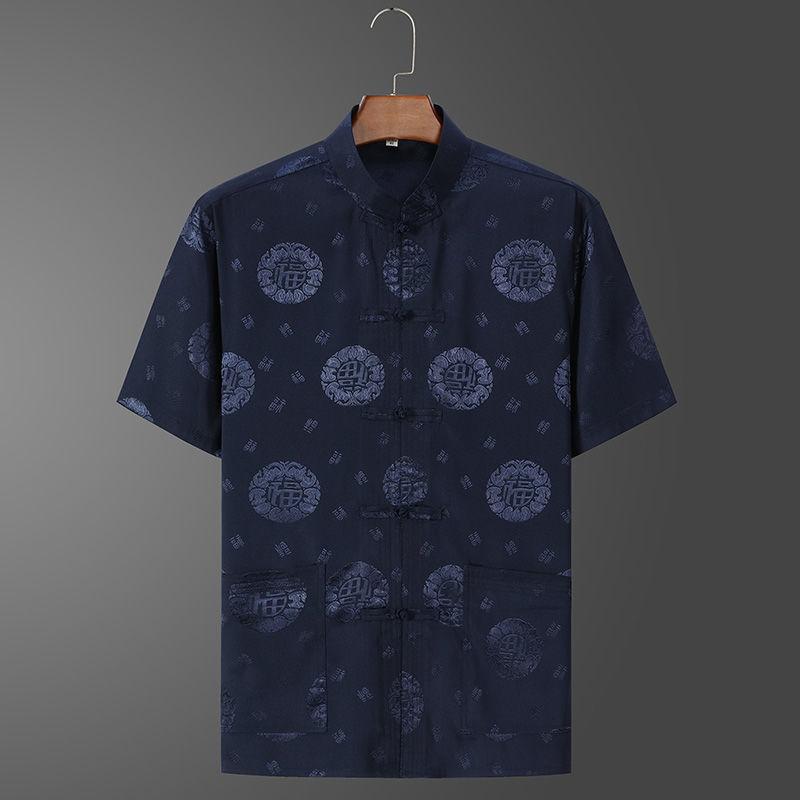 Chinese Stand Collar Ice Silk Tang Suit Men Short Sleeve Vintage Hanfu Clothing Hand Button Cheongsam Casual Dragon Kong Fu Clothes