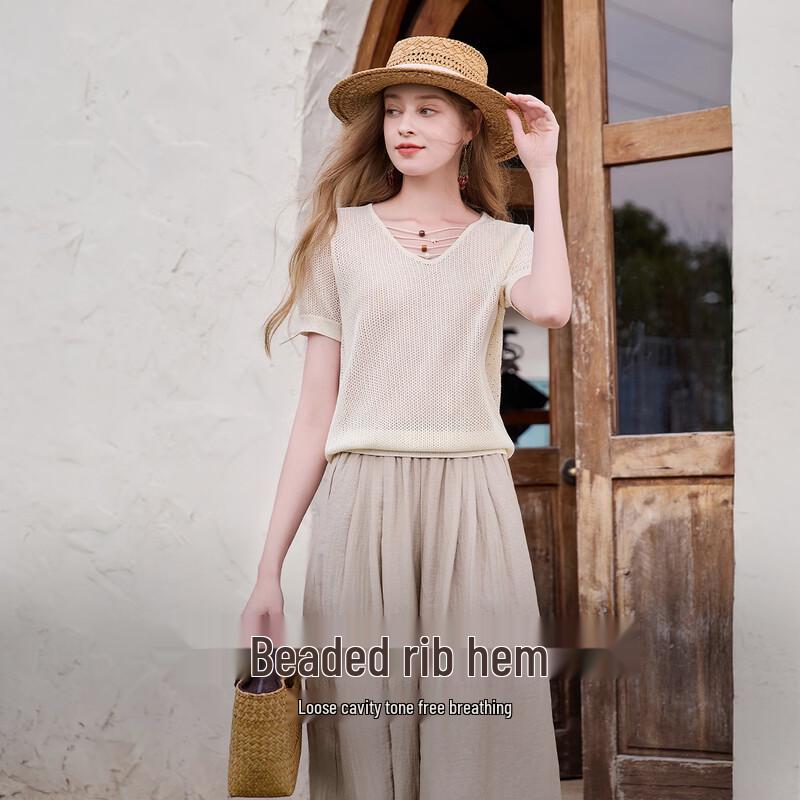 Women s Hollow V-neck Knit Short Sleeve Top S