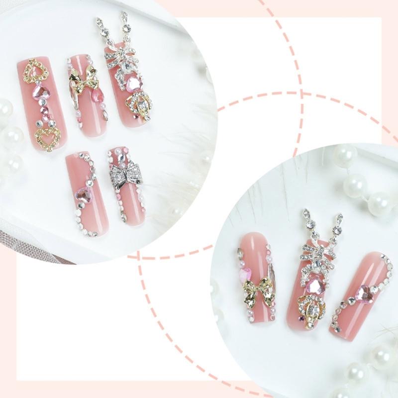 24 Pieces Long Square Press On Nail With 3D Bows and Rhinestones Designs False Nail Sparkling Stick On Nail for Women