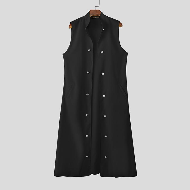 INCERUN Men Satnd Neck Sleeveless Open Front Decorative Buttons Casual Long Cardigan