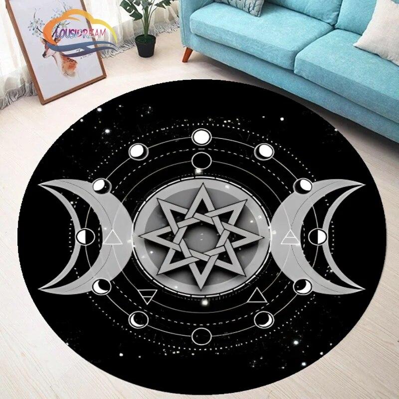 Pentagram Carpet Moon Satanic Round Rug Skull &  , Wicca  White  On Black  Goth Home Decor Chair Mats