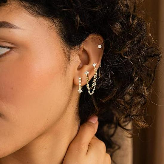 18 Karat Gold Plated Quadratischer Ohr-Cuff und Kette Zirkon Steckerohrringe Set - Drei Teile