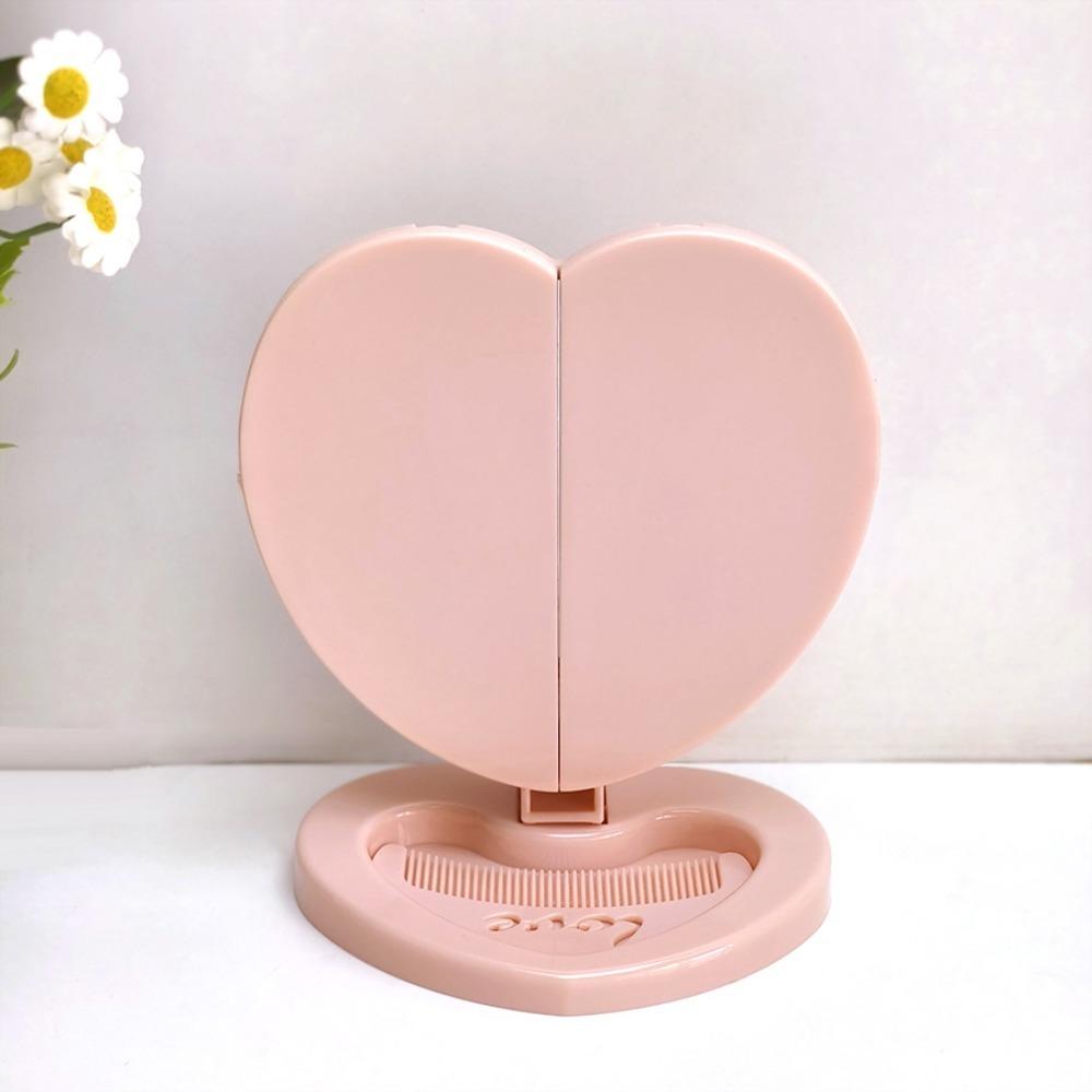 Креативное Пластиковое Зеркало для Макияжа Двустороннее с Гребнем Настольное Зеркало Дизайн Сердечко Персика Двустороннее Открывающееся Зеркало Детское