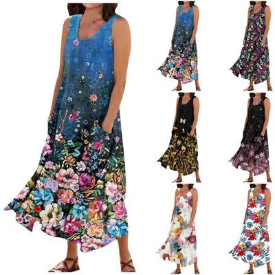 Lässiges, bedrucktes, ärmelloses Sommerkleid für Damen mit Rundhalsausschnitt und Taschen