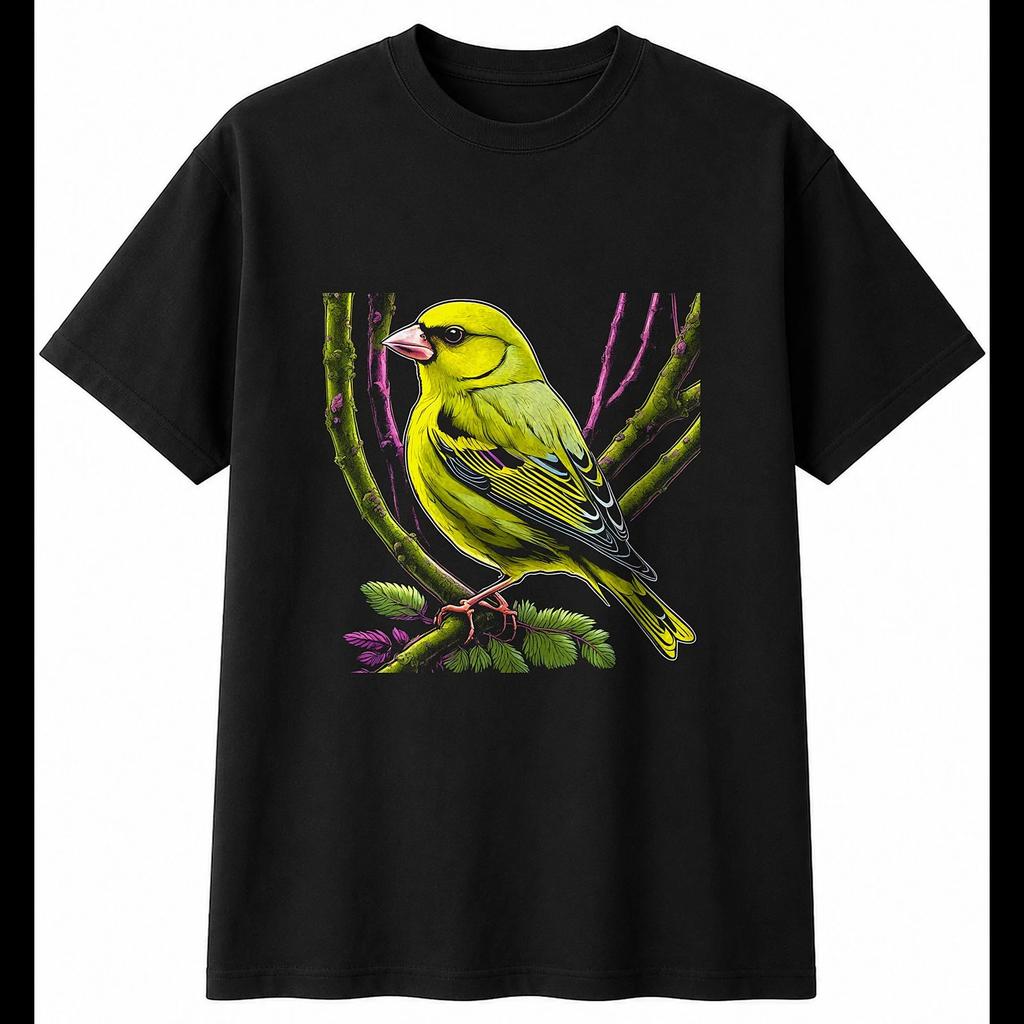 Colourful Greenfinch in the Swamp Bird Mens T-Shirt Black 100% Cotton Printed