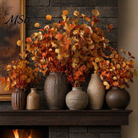 Lifelike Autumn Eucalyptus Leaves Fall Stems, Artificial Leaves, Fake Greenery Branches, Boho Thanksgiving Decor Flowers for Wedding Centerpiece