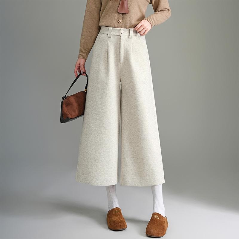 

Women s Plus Size Woolen High-Waisted Wide-Leg Pants - Faux Cashmere, Thickened, Cropped, Loose, Slimming, Petite Casual for Autumn/Winter M