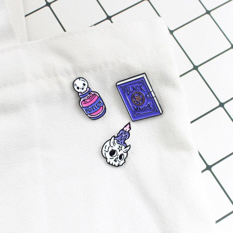 Premium Quality Enamel Brooch Featuring Witch Tools Skull Cat For Halloween