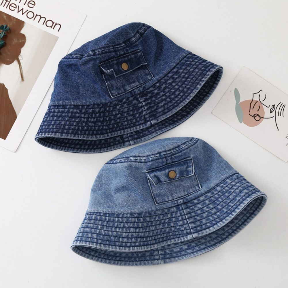 Solid Color Denim Bucket Hat Travel Fisherman Cap Fashion Pocket Sun Hats  Men Women