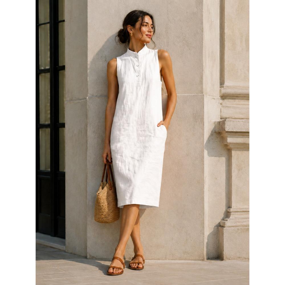 Women's Mandarin Collar Sleeveless Linen Blend Midi Dress Loose Fit Casual Straight Shirt Dress