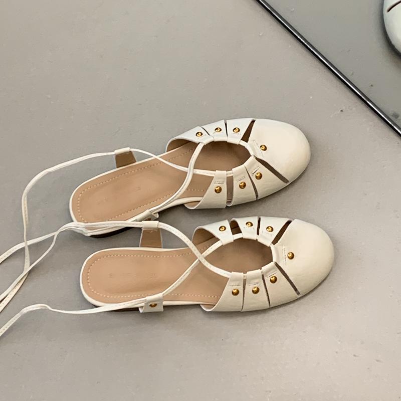 Fashion SUOJIALUN Autumn Women Flat Shoes Fashion Close Toe Lace Up Ladies Elegant Sandal Shoes Soft Flat Heel Outdoor Dress Slingback S