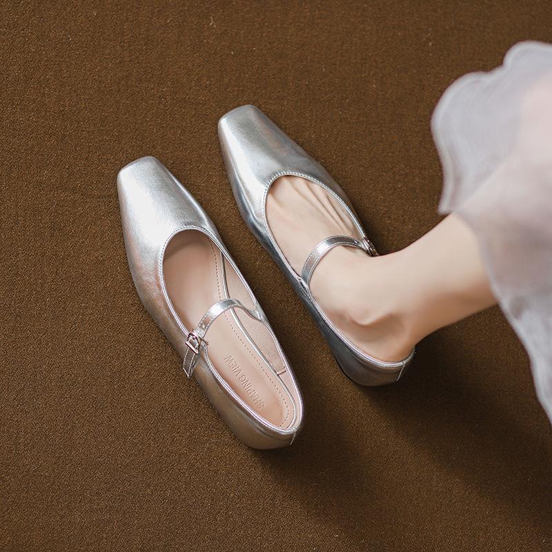 

2025 summer Mary Jane women s shoes soft-soled low-heeled single shoes women s ballet silver shoes thick-heeled silver 35