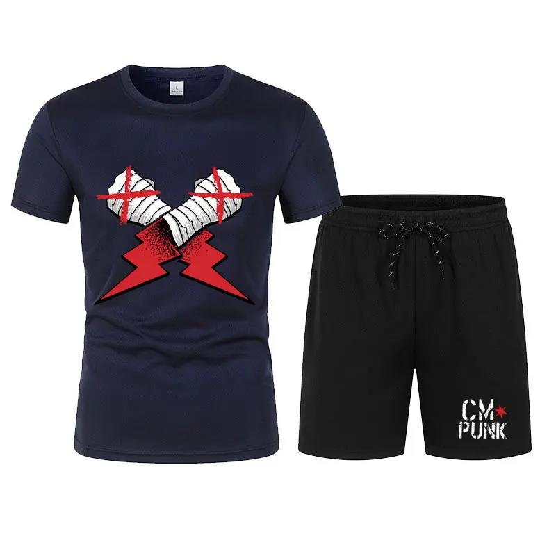 Herren Schwarz Return of CM Punk T-Shirt Shorts Set Sommer Kurzarm Mann Übergroße Anzüge 2024 Neue Mode Bekleidungssets