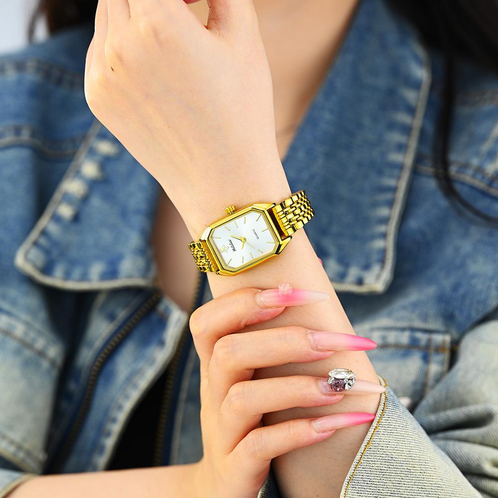 Elegant Vintage Octagonal Ladies Wristwatch Golden Case Quartz Watches Wateproof Steel Strap