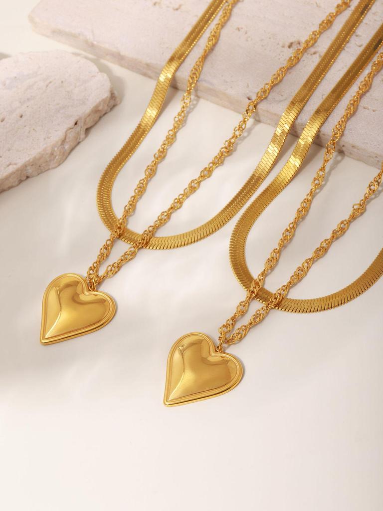 Qiong Yao 18K Gold Plated Stainless Steel Double Layer Heart Necklace with Water Ripple Chain