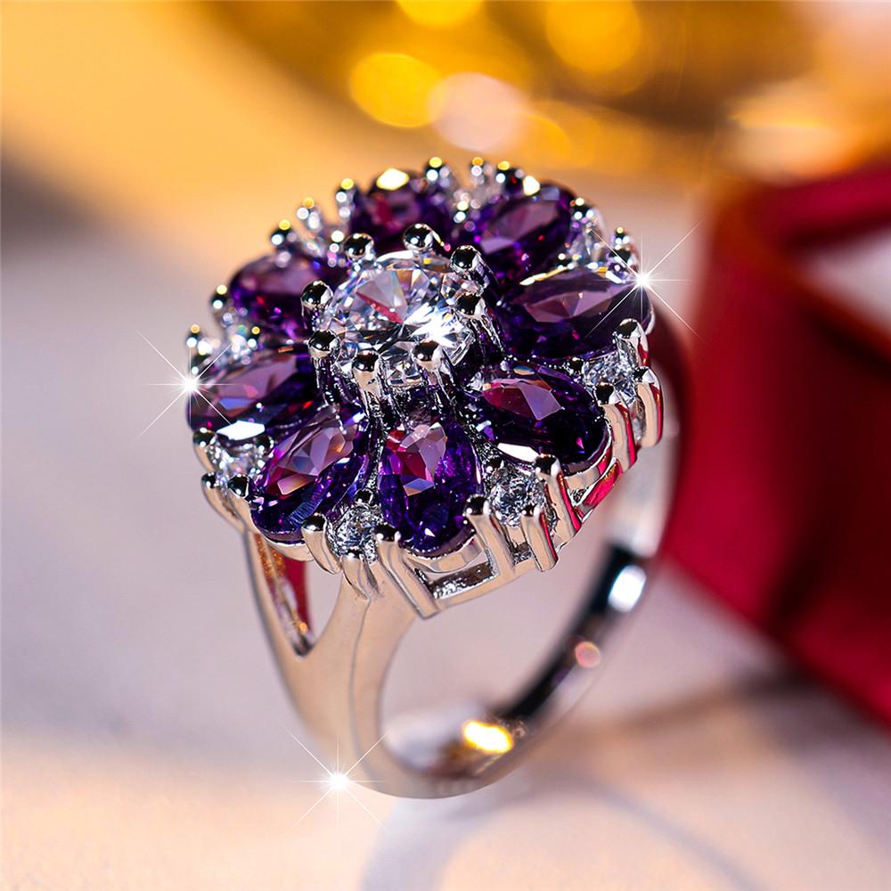 Luxury Female Crystal Purple Zircon Stone Sun Flower Engagement Ring Vintage Silver Color Wedding Jewelry For Women
