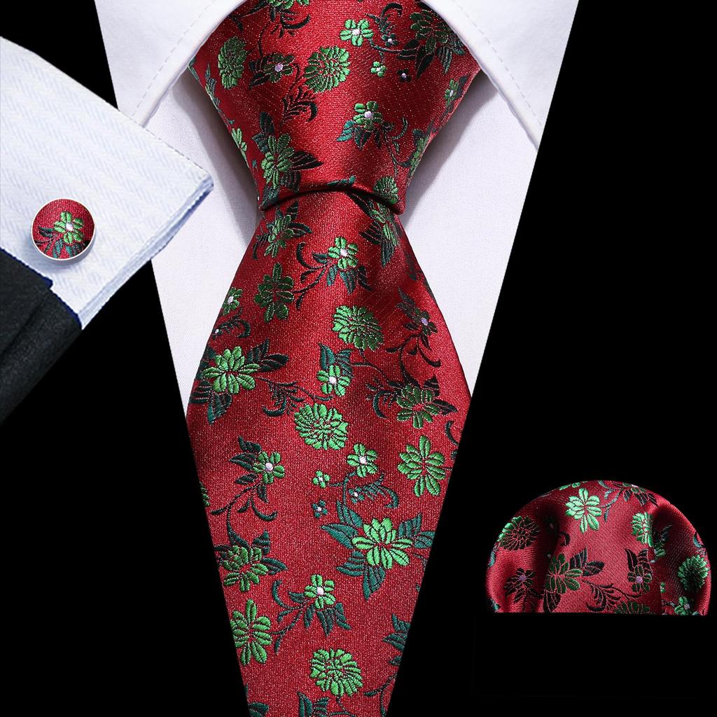 Barry.Wang Necktie Hankerchief Cufflinks Set Black Paisley Jacquard Woven Wedding