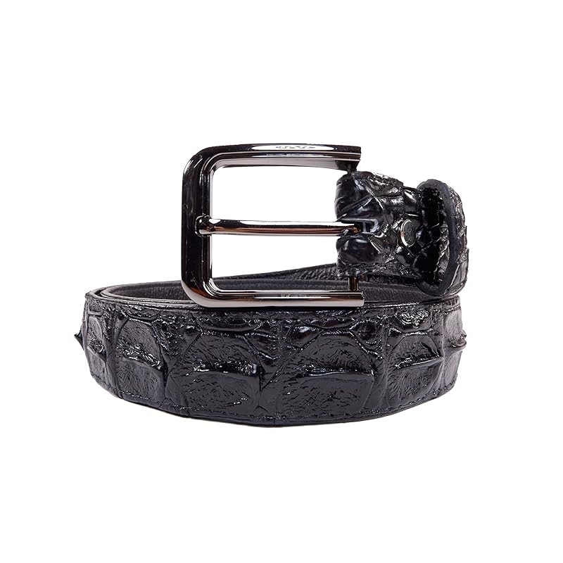 

[Pelgio] crocodile leather belt black color hole through back part handmade 46 inch (black)