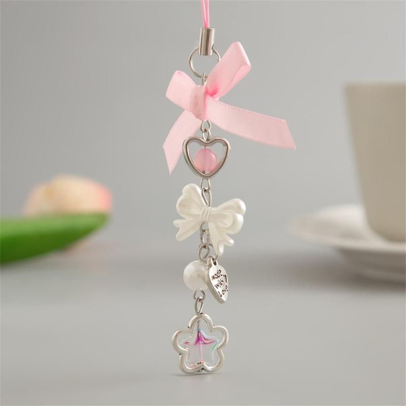 Lovely Strawberry Bowknot Phone Strap Charm Pendant with Star Accents Sturdy Handbag Adornment Craft Supplies for Girls