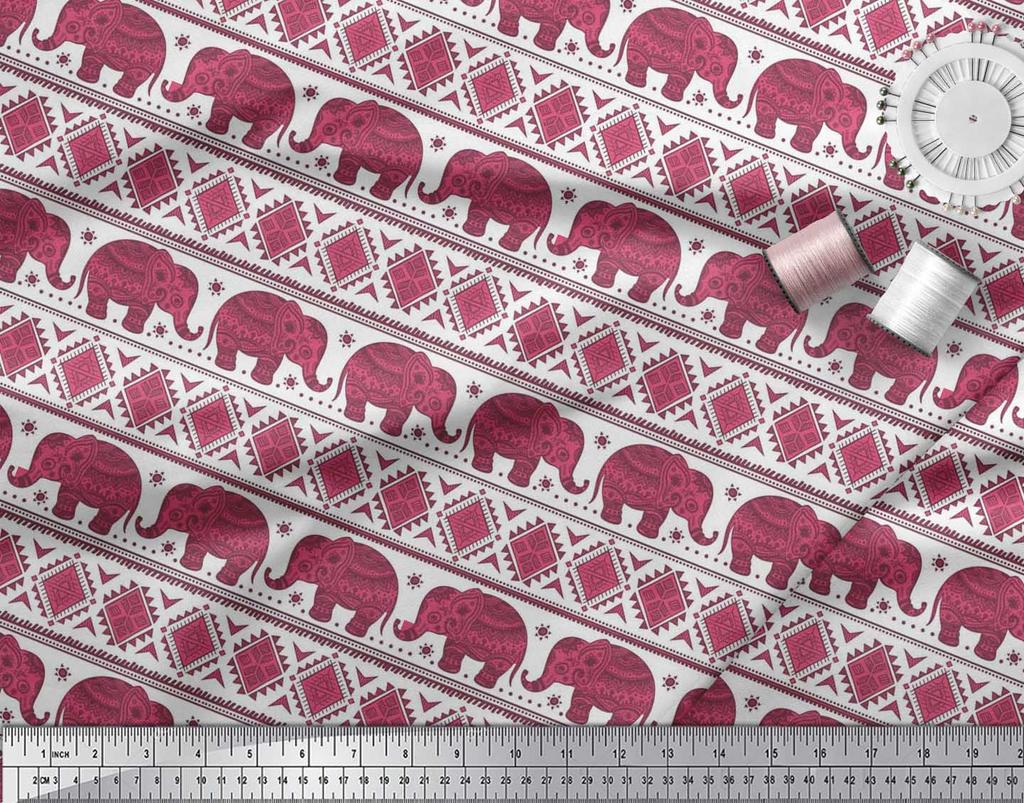 Soimoi Japan Crepe Satin Fabric Aztec & Tribal Elephant Ethnic Print Sewing Fabric Metre 42 Inch