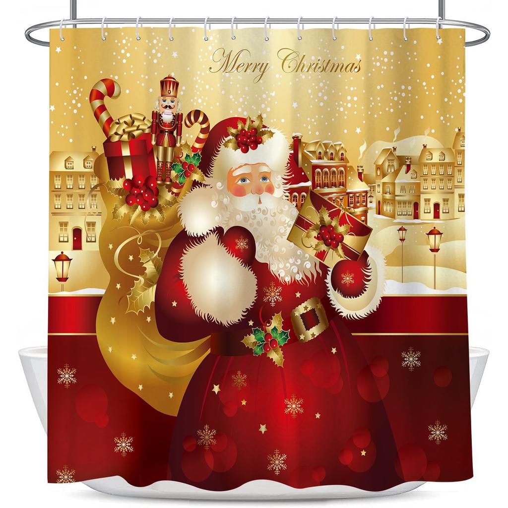 1/3/4pcs Navidad Merry Christmas 3D Printing Shower Curtain Polyester Waterproof Green Festival Accessories For Bathroom Decor