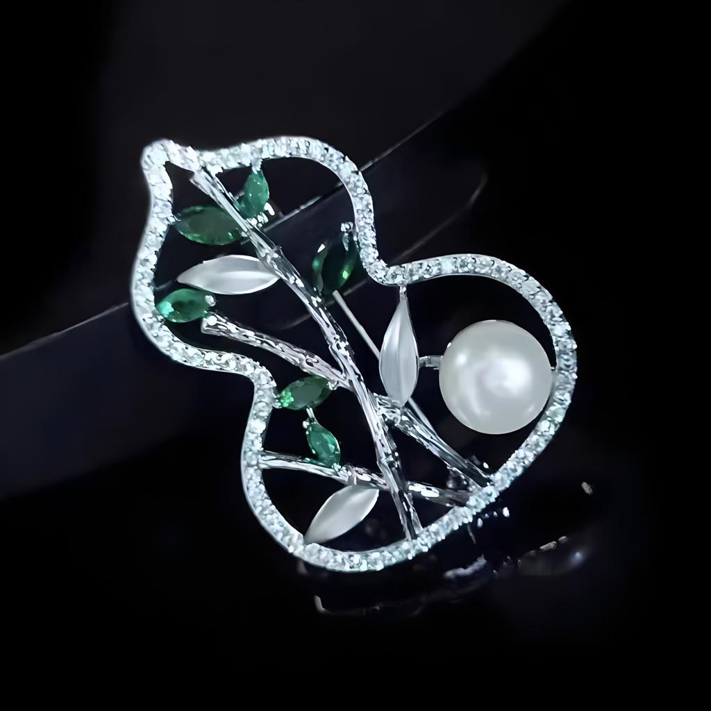Simple Chinese-style Gourd and Bamboo Leaf Brooch, Versatile for Women's Charm, Pearl Brooch, Unique and Niche Design Sense Brooch