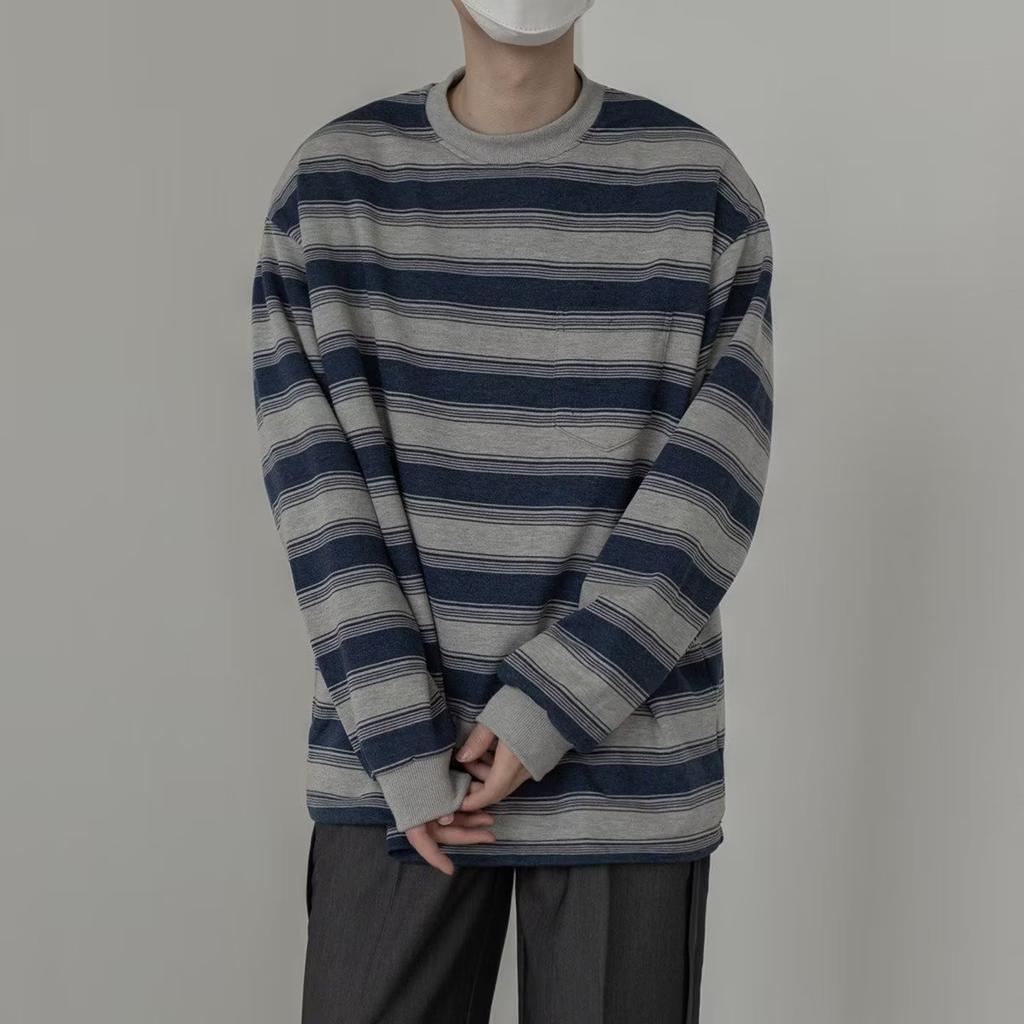 Spring and Autumn New Men's Temperament Casual Round Neck Long-sleeved T-shirt Striped Loose Long-sleeved Sweatshirt Niche Striped Color Matching