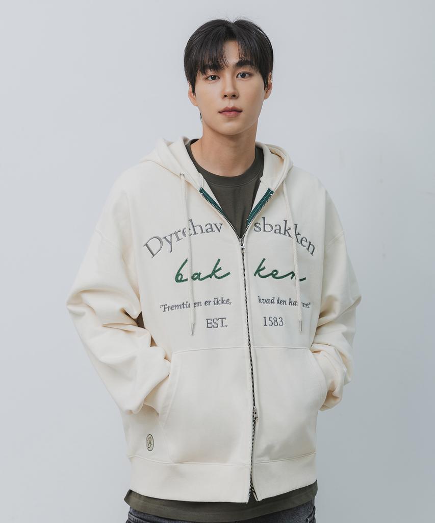 Bakken Color Point Lettering 2-Way Zip-Up Hoodie Bk7984_Cream