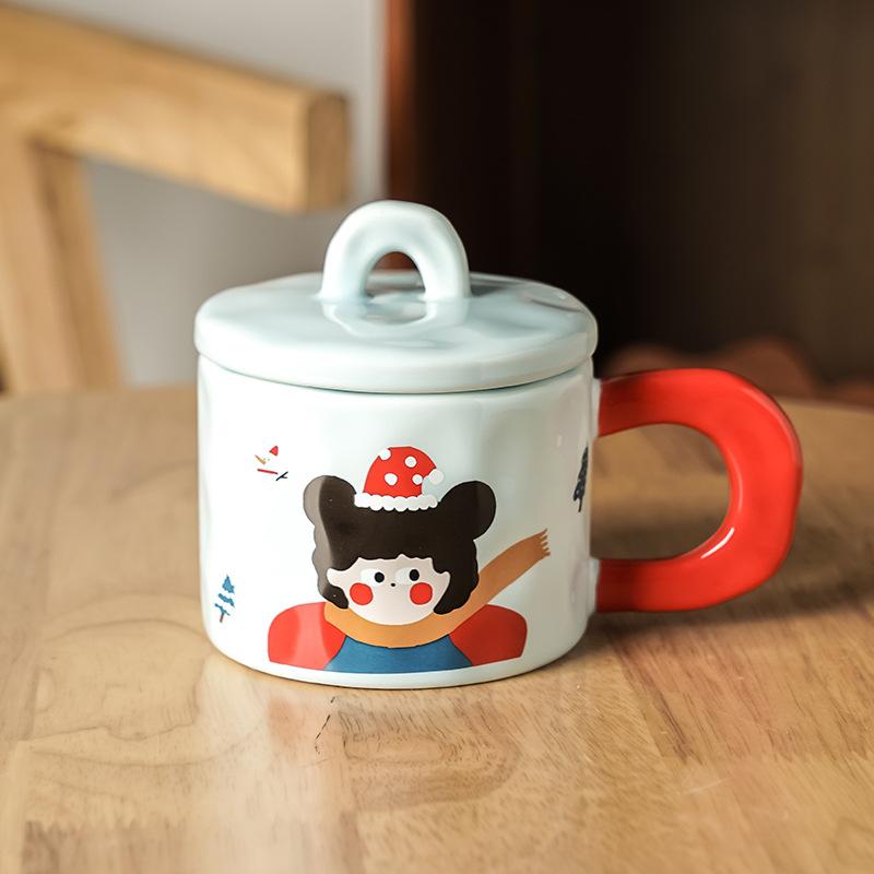 Retro Girl Mug with Lid Girl High Looking Ceramic Cup Creative Water Cup Office Coffee Breakfast Cup