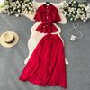 French Fashion Lapel and Waist Tight Pleated Skirt Short Sleeve