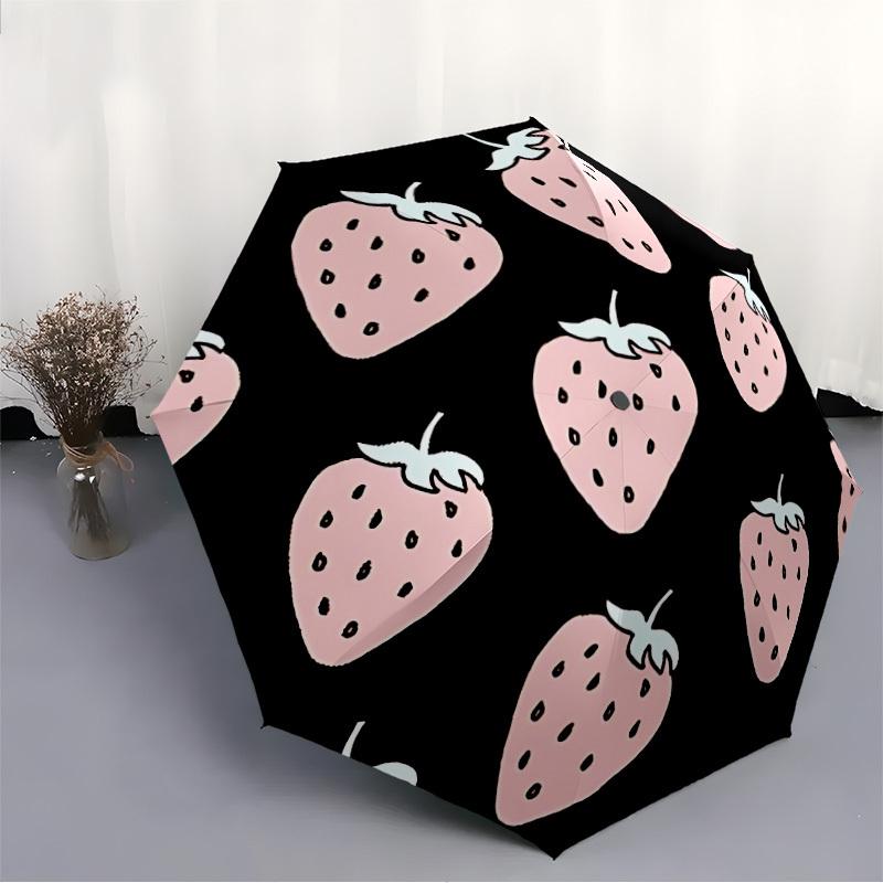 1pc Strawberry Pattern Automatic Open/close Folding Compact Umbrella, 8-Rib Sturdy Canopy, Lightweight Portable, Everyday Use, Gift, Outdoor Umbrella,