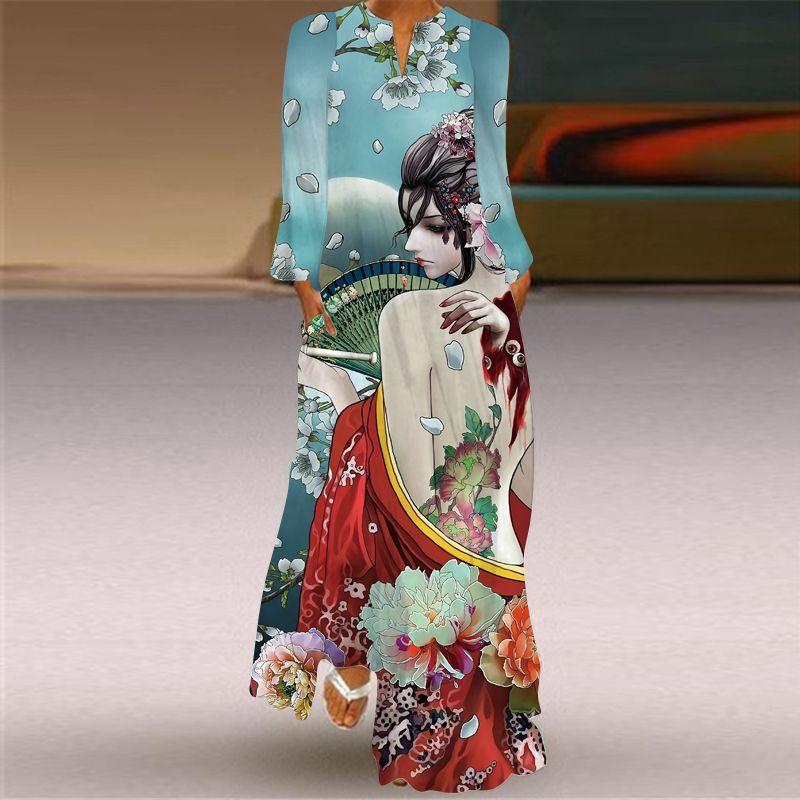 Long Sleeve Dress Classical Beauty Pattern Print Dress Stage Show Performance Wear Travel Photography Clothes