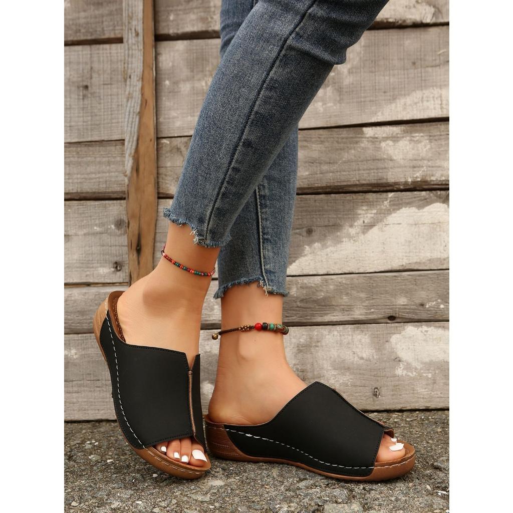 Slope Heel Thick Bottom Slippers,Women's Large Size Round Head Casual One Foot Stirrup Solid Color Slope Heel Sandal Slippers Women Outer Wear