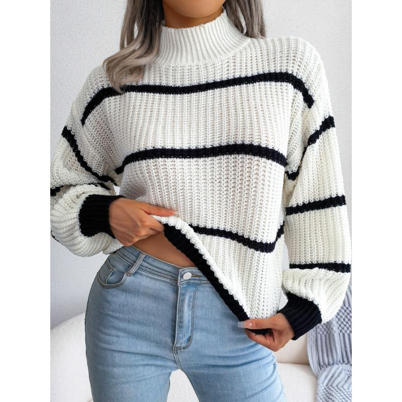 Pull rayé à manches lanternes, Pull décontracté à col roulé et manches longues, Hauts décontractés pour l'automne et l'hiver, Vêtements pour femmes