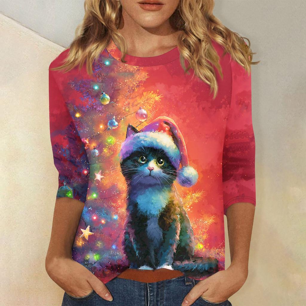 3/4 Sleeve Shirts For Women Print Christmas Tees Blouses Casual Plus Size Basic Tops Pullover