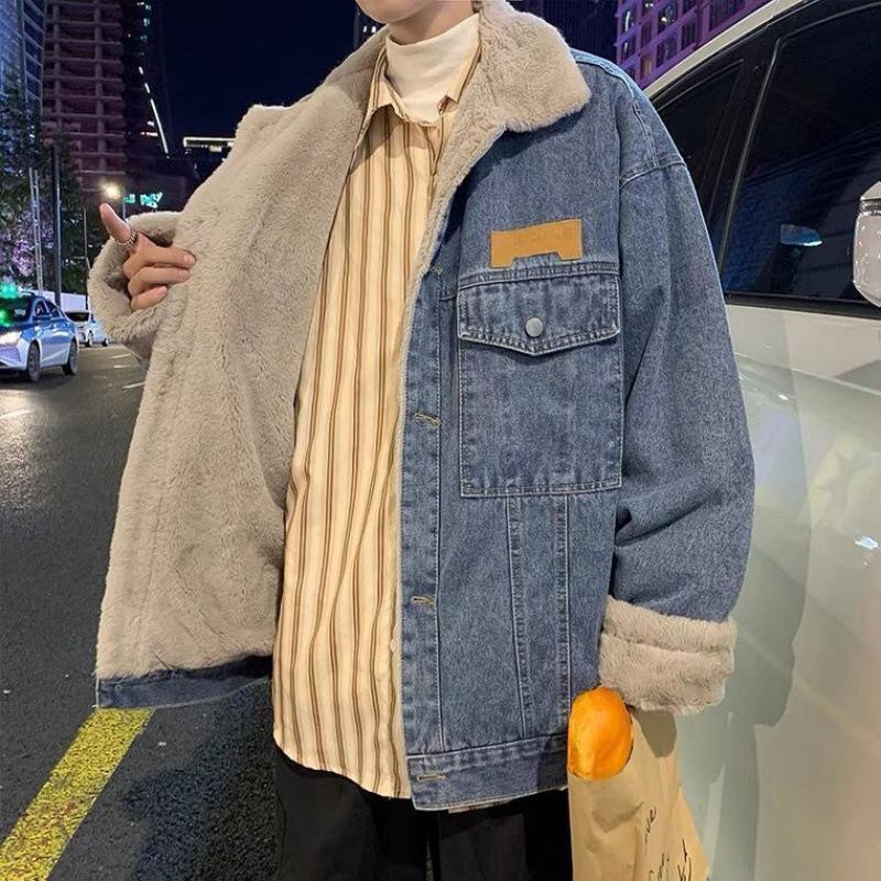 Velvet Thickened Denim Cotton Coat Men's Winter Hong Kong Style Loose Lamb Wool Cotton Coat Retro Couple Cotton Coat