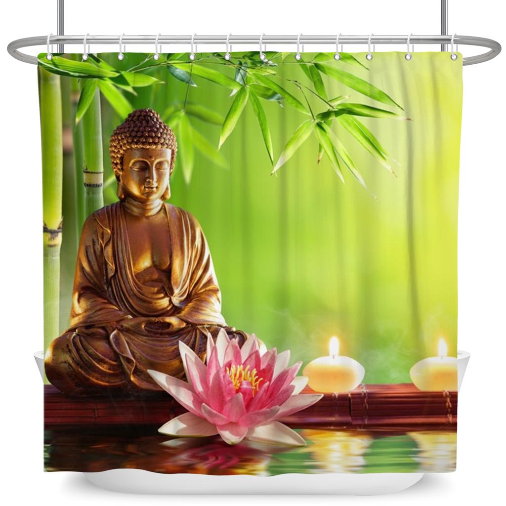 Venkovská krajina Sprchové závěsy Potok Kámen Lotos Buddha Koupelnový závěs Přírodní scenérie Vodotěsná Koupelna Domácí dekorace s háčky