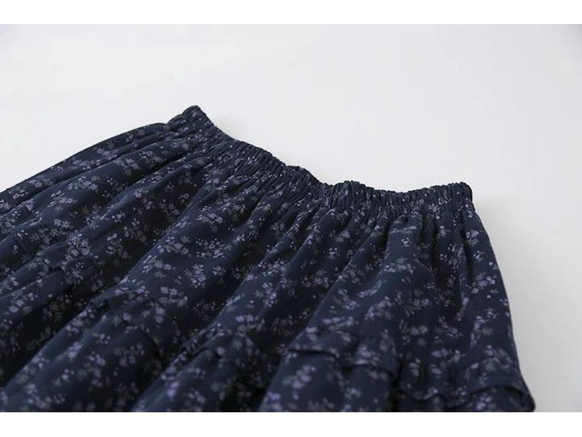 Purple Floral Mori-kei High-Waist A-line Pleated Skirt for Women - Autumn/Winter