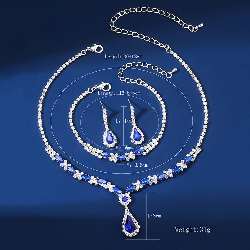 European & American Fashion Blue Crystal Necklace, Earrings & Bracelet Set - Hot Selling Three-Piece Full Diamond Design