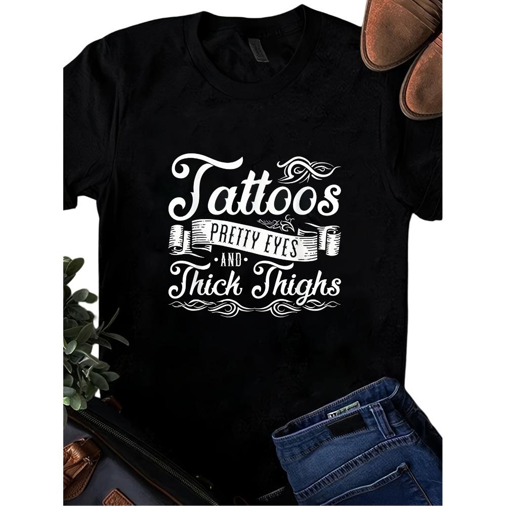 

Women Cotton Short Sleeves T-shirts Tattoos Pretty Eyes Thick Thighs Women s Tee Retro Graphic Black Top S