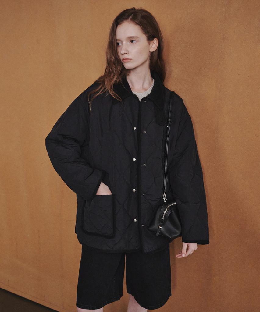 OSTKAKA Collar Contrast Quilted Half Jacket Black