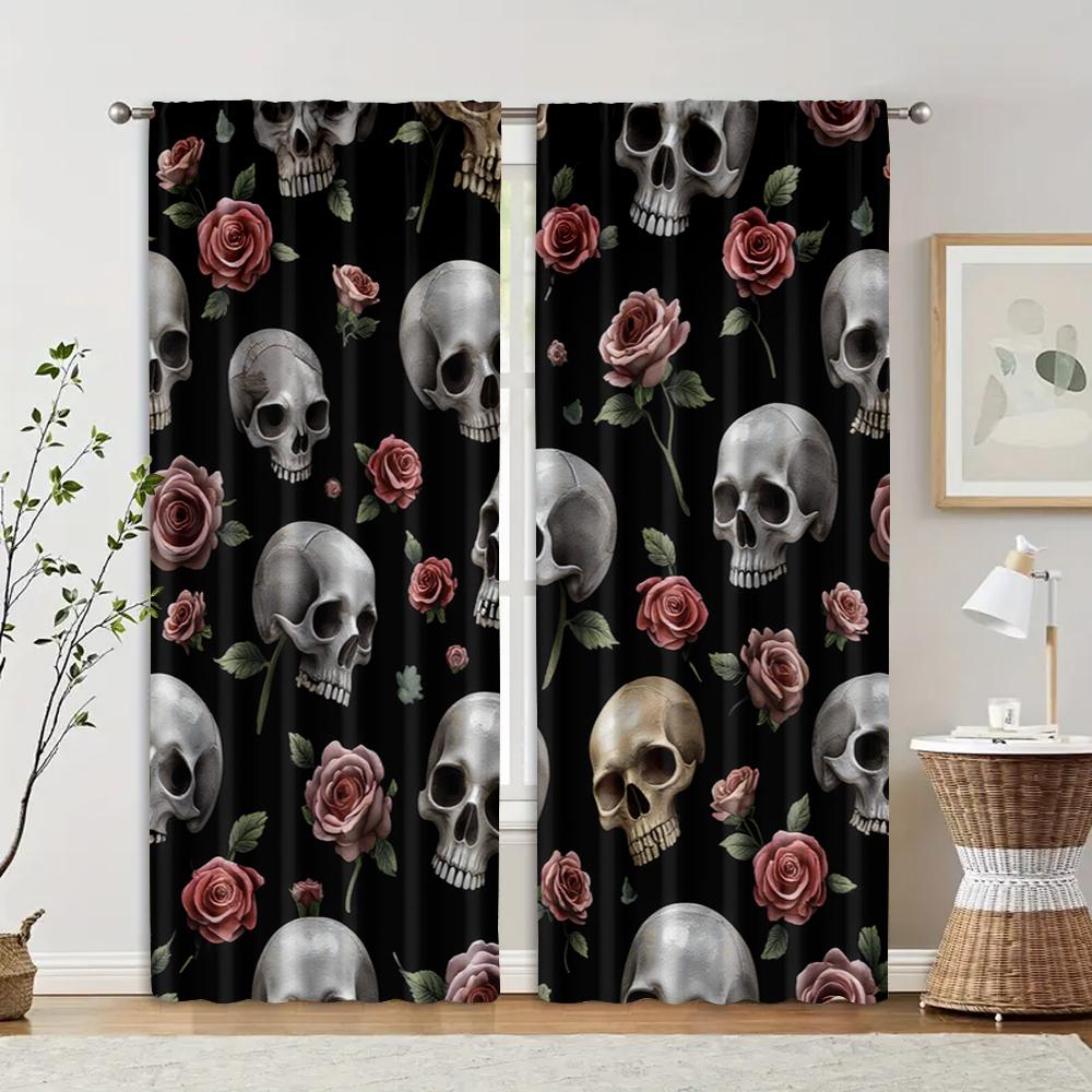 2pcs, Creative Curtains Grey Skull & Floral Peel Versatile 100% Polyester (without Rod) Stuff Clearance Ldeal for Bedroom,
