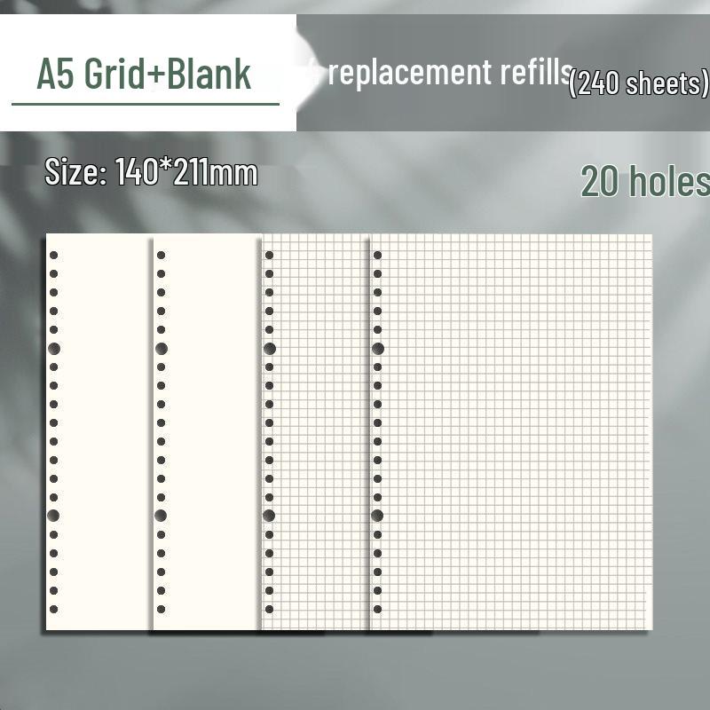 B5 Loose-Leaf Notebook Refill with 26-Hole and A5 Detachable Loose-Leaf Paper, 20-Hole Horizontal Line Grid for Exam Prep.